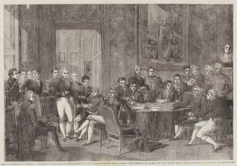 إن مؤتمر فيينا ، جالس المفوضين للدول الثماني التي وقعت معاهدة باريس ، عام 1815 بواسطة ادموند مورين