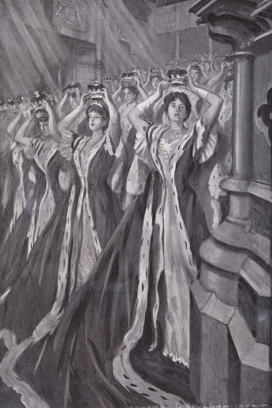 Peeresses putting on their coronets at the coronation of Queen Alexandra, Consort of King Edward VII, Westminster Abbey, London بواسطة ادموند جوزيف (بعد) سوليفان