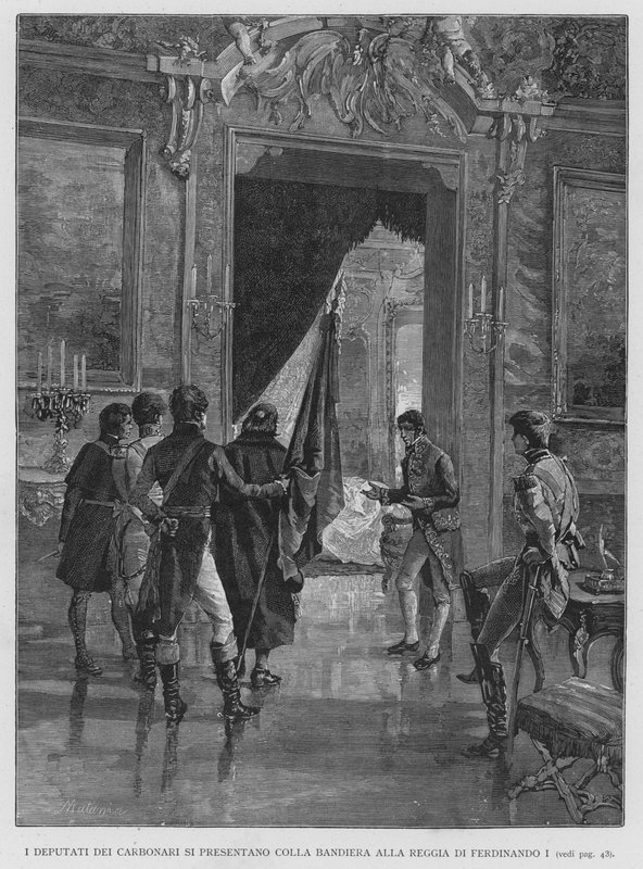 يقدم نواب كاربوناري أنفسهم مع العلم في القصر الملكي لفرديناند الأول (نقش) بواسطة إدواردو ماتانيا