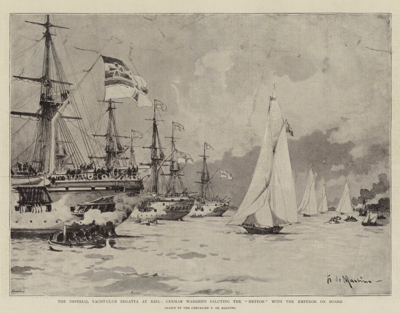 The Imperial Yacht-Club Regatta at Kiel ، السفن الحربية الألمانية تحيي النيزك مع الإمبراطور على متن الطائرة بواسطة إدوارد دي مارتينو
