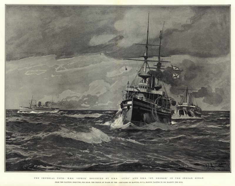 الجولة الإمبراطورية ، HMS Ophir ، برفقة HMS Juno و HMS St George ، في المحيط الهندي بواسطة إدوارد دي مارتينو