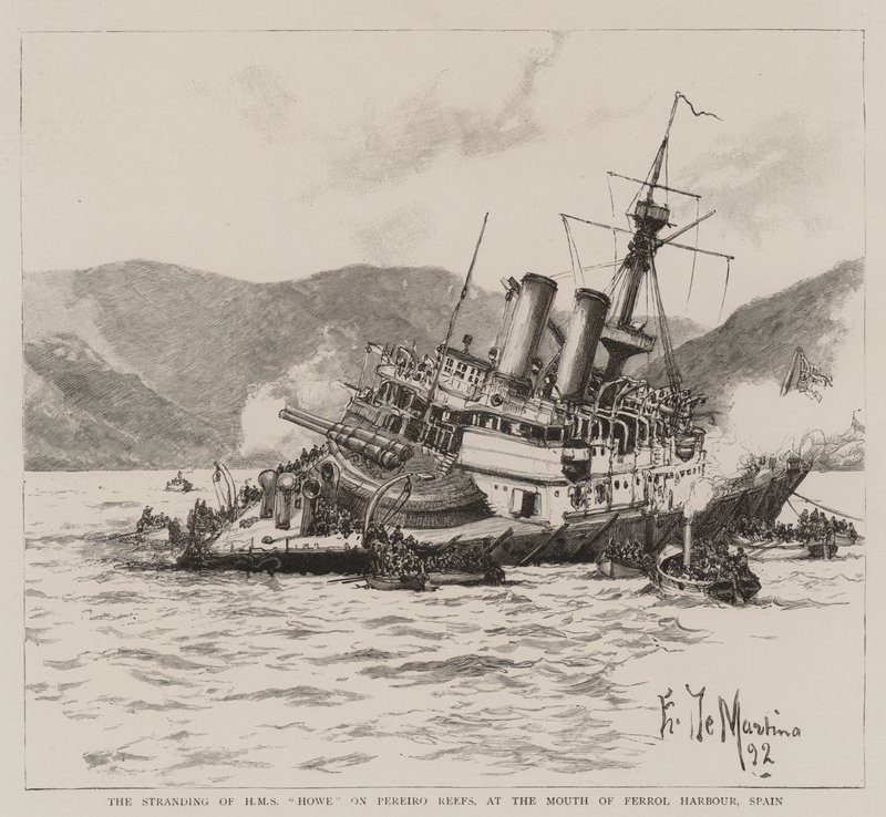 حبلا HMS Howe على شعاب Pereiro ، عند مصب ميناء Ferrol ، إسبانيا بواسطة إدوارد دي مارتينو