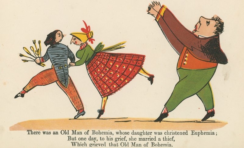 كان هناك رجل عجوز من بوهيميا ، ابنته التي تم تعميدها Euphemia ، من "كتاب هراء" ، نشره فريدريك وارن وشركاه ، لندن ، c.1875 بواسطة إدوارد لير