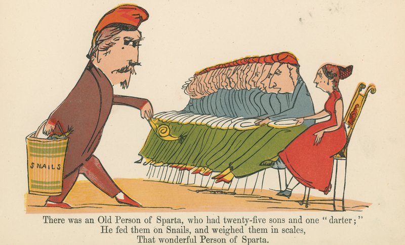 كان هناك شخص عجوز من سبارتا ، كان لديه خمسة وعشرون ابنا و "قاسما" ، من "كتاب هراء" ، نشره فريدريك وارن وشركاه ، لندن ، 1875 بواسطة إدوارد لير