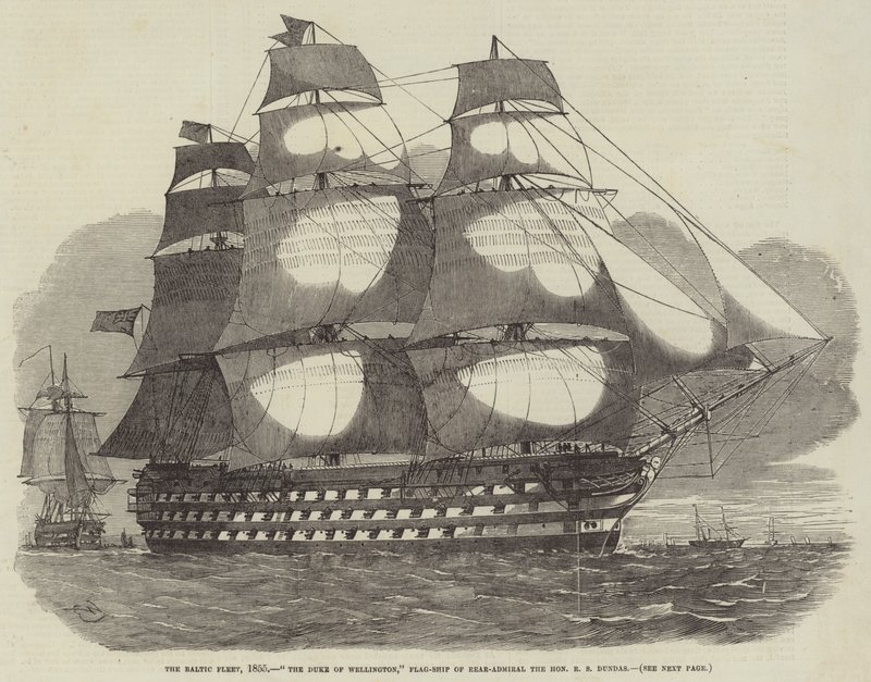 أسطول بحر البلطيق ، 1855 ، دوق ويلينغتون ، سفينة العلم من اللواء البحري الأدميرال المحترم RS Dundas بواسطة إدوين ويدون