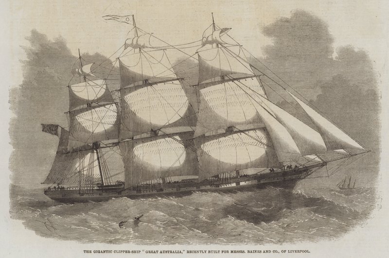 The Gigantic Clipper-Ship Great Australia ، التي تم بناؤها مؤخرًا لشركة Messers Baines and Company ، في ليفربول بواسطة إدوين ويدون
