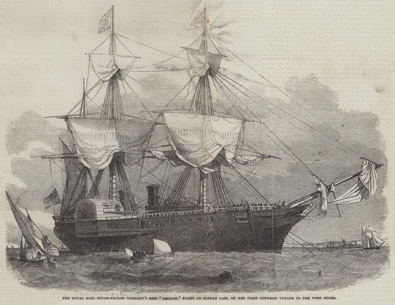 سفينة الأمازون Royal Mail Steam-Packet Company ، أحرقت يوم الأحد الماضي ، في أول رحلة خارجية لها إلى جزر الهند الغربية بواسطة إدوين ويدون