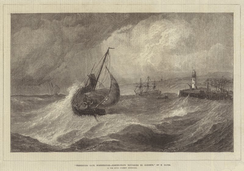 Freshening Gale ، Scarborough ، قوارب الصيد العائدين إلى الميناء ، في معرض الأكاديمية الملكية بواسطة إدوين هايز