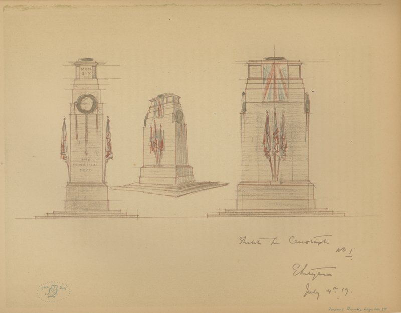 Sketch No 1 for the Cenotaph, Whitehall, Westminster, London (colour litho) بواسطة إدوين لاندسير لوتينس