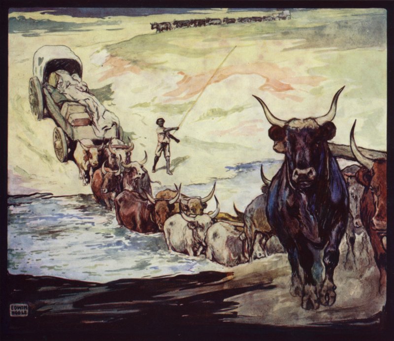 Oxen crossing River in South Africa (colour litho) بواسطة إدوين نوبل