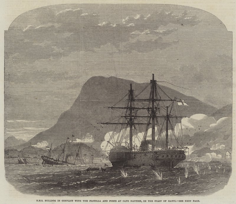 HMS Bulldog في صراع مع الأسطول والحصون في كيب هايتيان ، على ساحل Hayti بواسطة إدوين ويدون