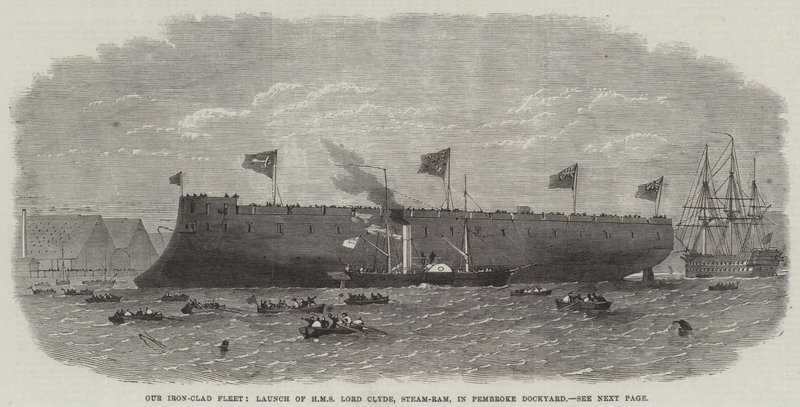 أسطولنا المكسو بالحديد ، إطلاق HMS Lord Clyde ، Steam-Ram ، في Pembroke Dockyard بواسطة إدوين ويدون