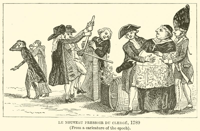 Le Nouveau Pressoir du Clerge ، 1789 ، (من رسم كاريكاتوري للعصر) بواسطة مدرسة اللغة الإنجليزية