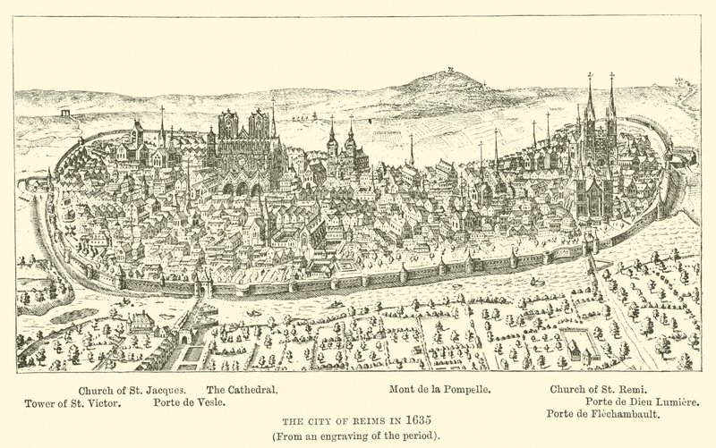 مدينة ريمس عام 1635 (من نقش الفترة) بواسطة مدرسة اللغة الإنجليزية