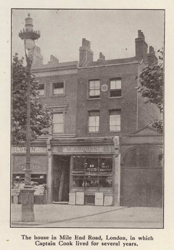 88 Mile End Road ، لندن ، المنزل الذي عاش فيه المستكشف الإنجليزي الكابتن جيمس كوك من عام 1764 حتى وفاته (صورة b / w) بواسطة مصور انجليزى