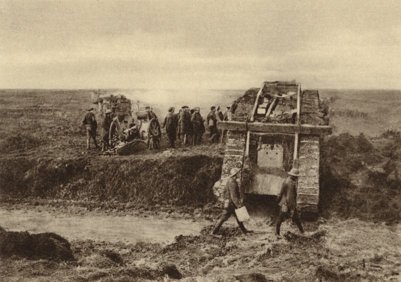 British tank squadron passing artillery positions at Graincourt on their way to attack Bourlon Wood, Battle of Cambrai, France, World War I, November 1917 (b/w photo) بواسطة مصور انجليزى