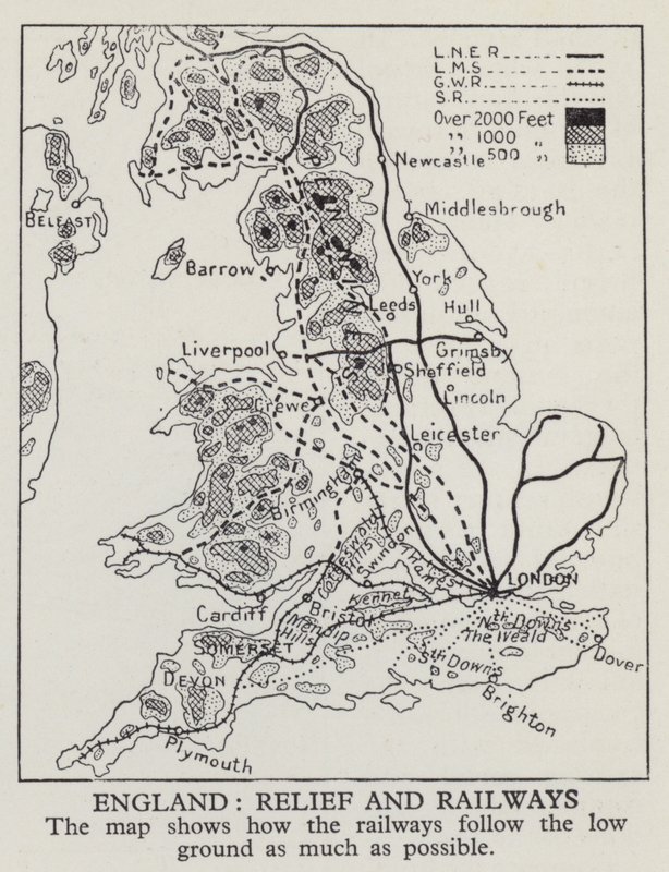 Map showing how railways in England follow the low ground as much as possible (b/w photo) بواسطة مصور انجليزى