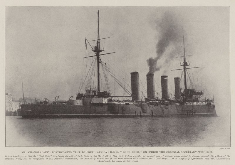 زيارة السيد تشامبرلينز القادمة إلى جنوب أفريقيا ، HMS Good Hope ، التي سيبحر عليها وزير المستعمرات بواسطة مصور انجليزى