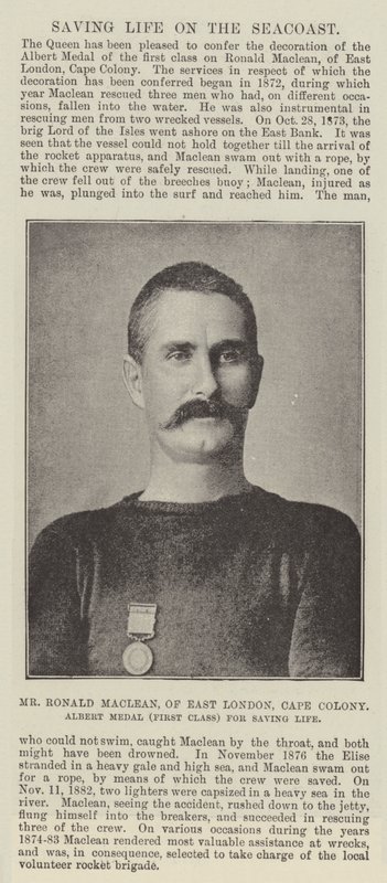 السيد رونالد ماكلين ، من شرق لندن ، كيب كولوني ، وسام ألبرت (الدرجة الأولى) لإنقاذ الحياة بواسطة مصور انجليزى