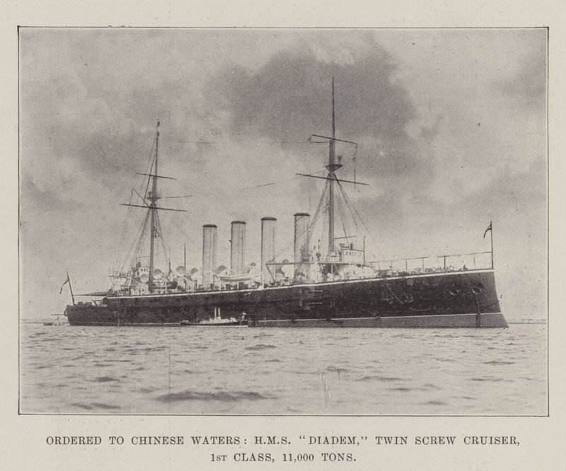 تم طلبه إلى المياه الصينية ، HMS Diadem ، Twin Screw Cruiser ، الدرجة الأولى ، 11000 طن بواسطة مصور انجليزى