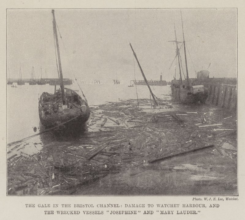 The Gale in the Bristol Channel، Damage to Watchet Harbour، and Wrecked Vessels السفن جوزفين وماري لودر بواسطة مصور انجليزى