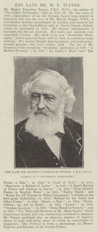 الراحل السيد Martin Farquhar Tupper ، FRS ، DCL ، مؤلف فلسفة المثل بواسطة مصور انجليزى