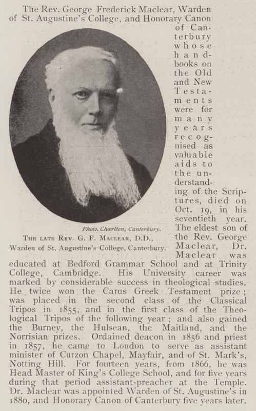 المرحوم القس GF Maclear، DD، Warden of St Augustines College، Canterbury بواسطة مصور انجليزى