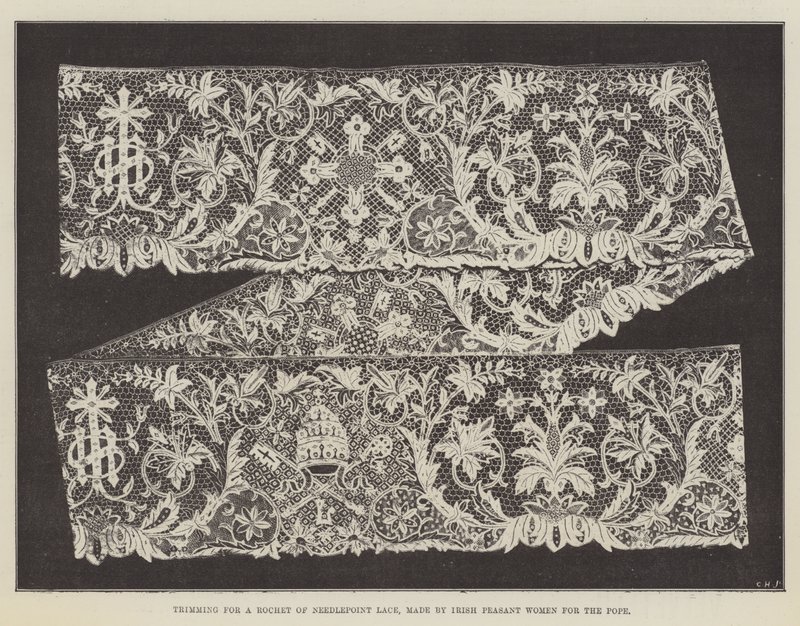 التشذيب للحصول على روشيه من الدانتيل Needlepoint ، من صنع الأيرلندية الفلاحات للبابا بواسطة مصور انجليزى