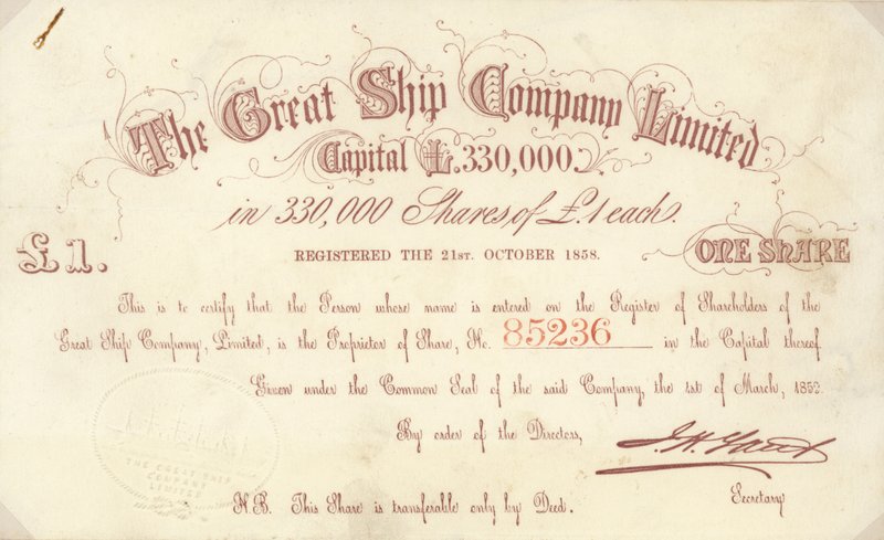 شهادة سهم بقيمة £ 1 صادرة عن شركة Great Ship Company Limited بواسطة مدرسة اللغة الإنجليزية