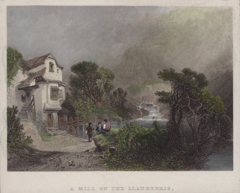 مطحنة على Llanberris (نقش ملون) بواسطة مدرسة اللغة الإنجليزية