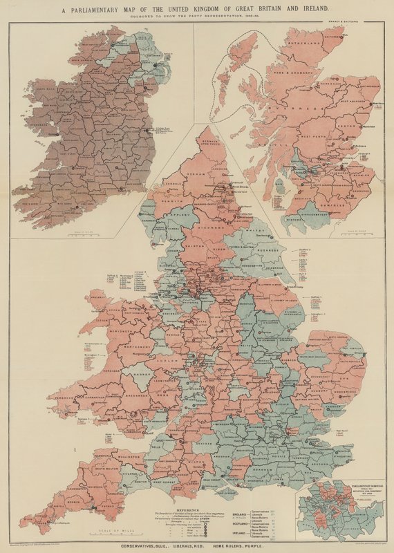 A Parliamentary Map of the United Kingdom of Great Britain and Ireland (colour litho) بواسطة مدرسة اللغة الإنجليزية