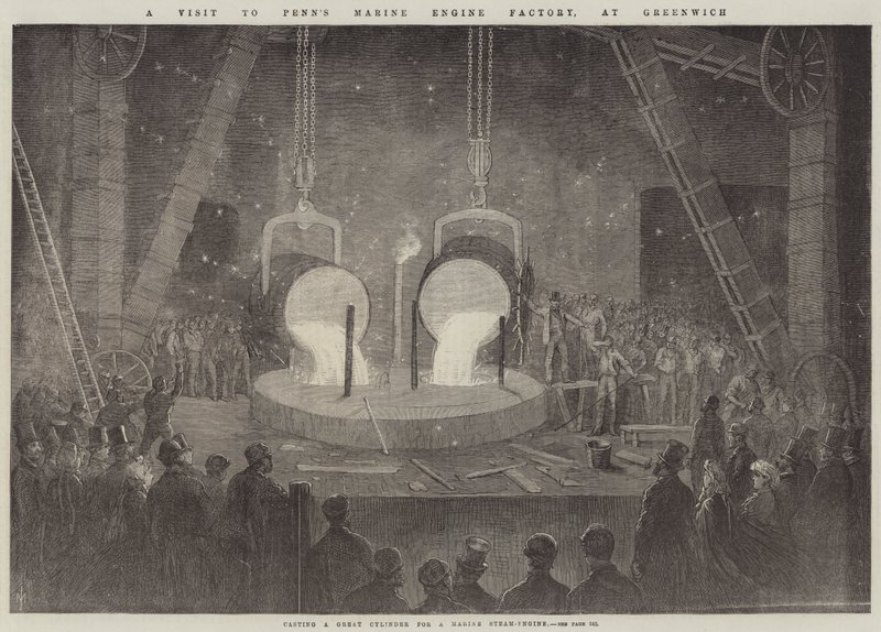 زيارة إلى مصنع Penn's Marine Engine ، في غرينتش ، لصب أسطوانة عظيمة لمحرك بخاري بحري (نقش) بواسطة مدرسة اللغة الإنجليزية