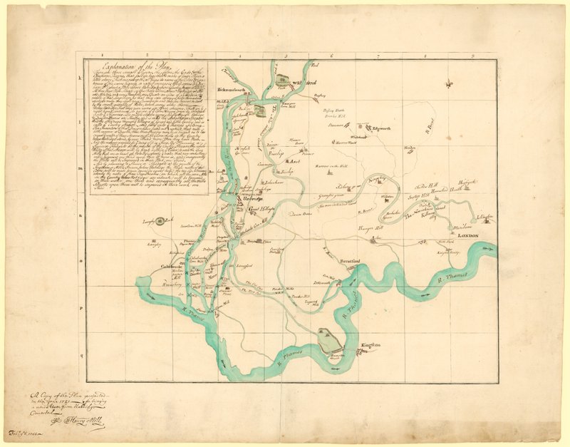 نسخة من الخطة المتوقعة في عام 1721 لجلب نهر جديد من أوكسبريدج ، تم تصحيحها في 6 فبراير 1766 بواسطة مدرسة اللغة الإنجليزية