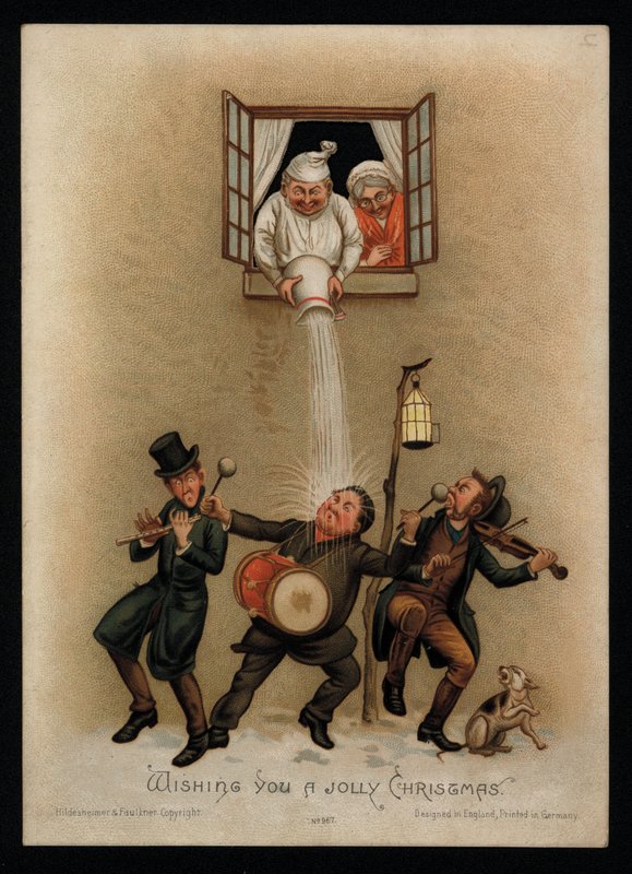 زوجان يعترضان على مغني كارول خارج نافذتهم ، بطاقة تهنئة بعيد الميلاد (chromolitho) بواسطة مدرسة اللغة الإنجليزية
