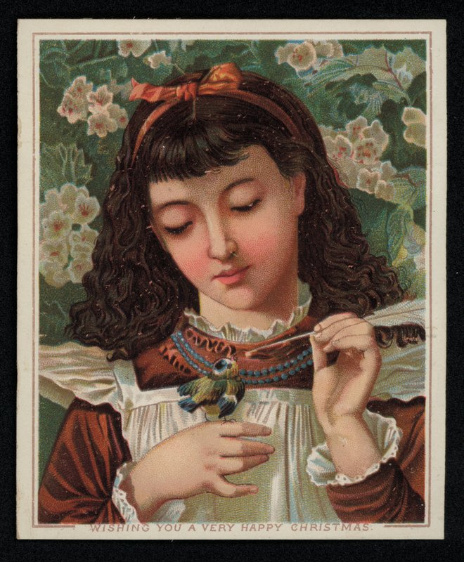 A girl feeding a blue tit, Christmas greetings card. (chromolitho) بواسطة مدرسة اللغة الإنجليزية