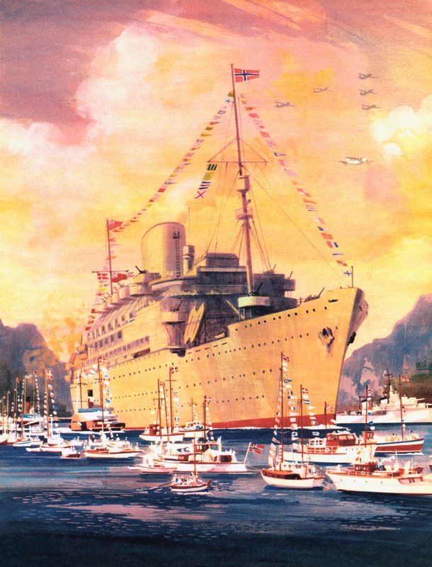 لحظة رائعة في تاريخ Royal Mail Line ، تصل جبال الأنديز إلى أوسلو في عام 1945 (لون ليثو) بواسطة مدرسة اللغة الإنجليزية