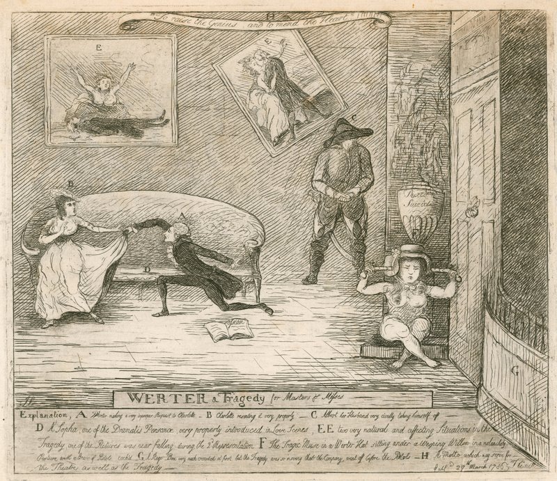 مشهد من F Reynoldss burlesque Werter ، تم عرضه لأول مرة في مسرح كوفنت جاردن ، لندن ، في 14 مارس 1786 بواسطة مدرسة اللغة الإنجليزية