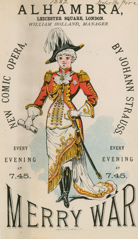إعلان لـ Alhambra ، Leicester Square ، London ، لـ Merry War ، أوبرا كوميدية جديدة من تأليف Johann Strauss بواسطة مدرسة اللغة الإنجليزية