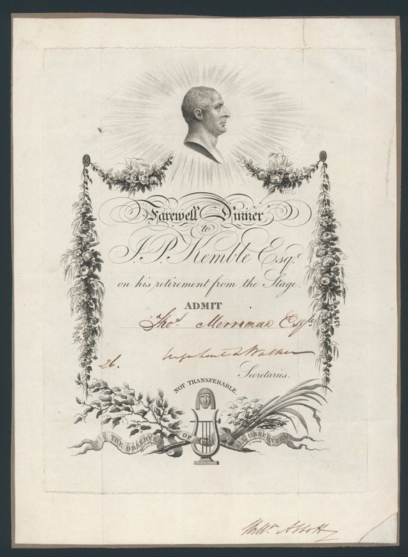 تذكرة دخول العشاء للاحتفال بتوديع جون كيمبلز على المسرح ، 1819 بواسطة مدرسة اللغة الإنجليزية