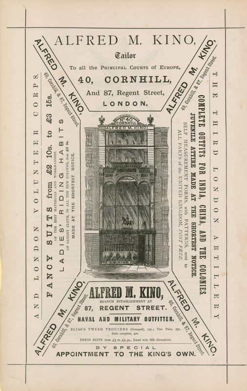 إعلان عن Alfred M Kino ، خياط ، 40 Cornhill و 87 Regent Street ، London بواسطة مدرسة اللغة الإنجليزية