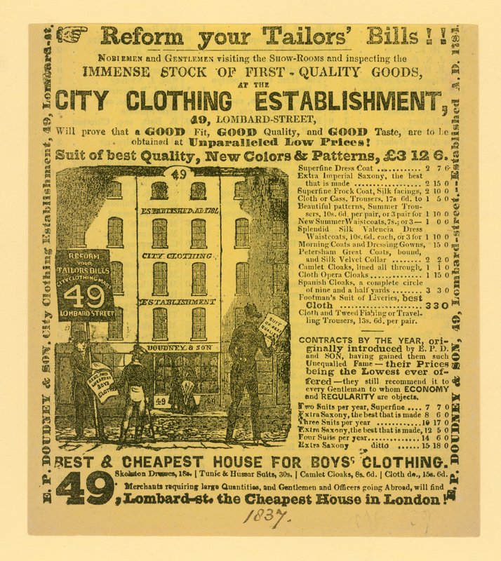 إعلان لـ Doudney & Son ، مؤسسة City Clothing ، 49 شارع لومبارد ، لندن بواسطة مدرسة اللغة الإنجليزية