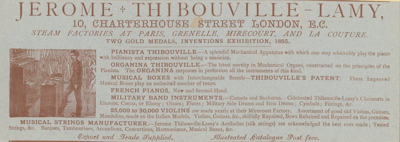 الإعلان عن Jerome Thibouville-Lamy ، 10 Charterhouse Street ، لندن ، صانع آلات بواسطة مدرسة اللغة الإنجليزية