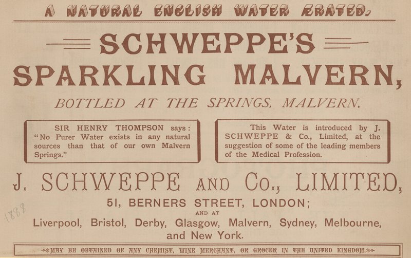 الإعلان عن Schweppes Sparkling Malvern ، المعبأة في الينابيع ، مالفيرن بواسطة مدرسة اللغة الإنجليزية