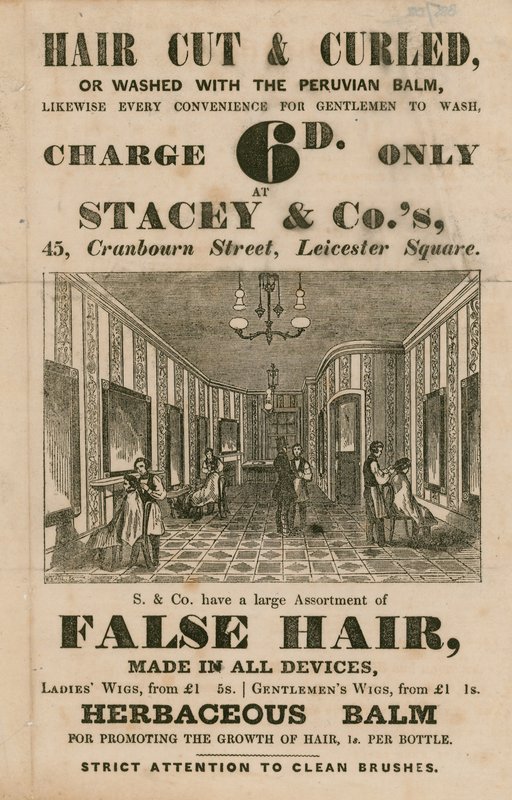 إعلان عن Stacey & Co.s، 45 Cranbourne Street، Leicester Square، London، تصفيف الشعر بواسطة مدرسة اللغة الإنجليزية