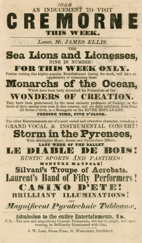 إعلان عن ظهور Sea Lions و Lionesses في حدائق كريمورن ، لندن عام 1848 بواسطة مدرسة اللغة الإنجليزية