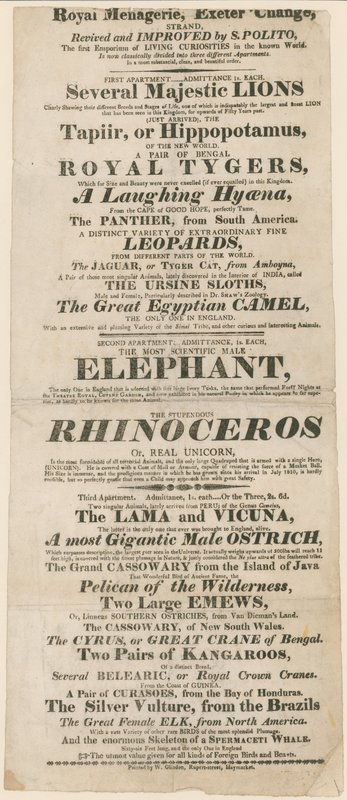 إعلان عن Royal Menagerie، Exeter Change بواسطة مدرسة اللغة الإنجليزية