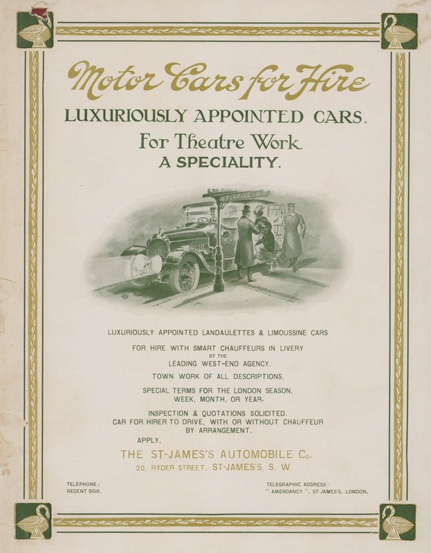إعلان لتأجير السيارات من شركة St James's Automobile Co ، لندن (لون ليثو) بواسطة مدرسة اللغة الإنجليزية