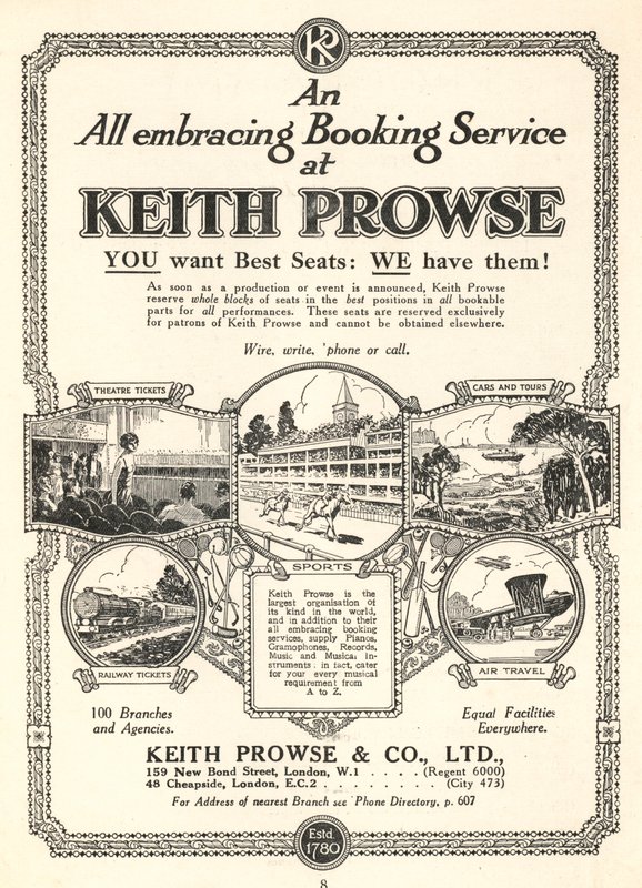 إعلان عن خدمات حجز التذاكر لشركة Keith Prowse & Co، Ltd (litho) بواسطة مدرسة اللغة الإنجليزية