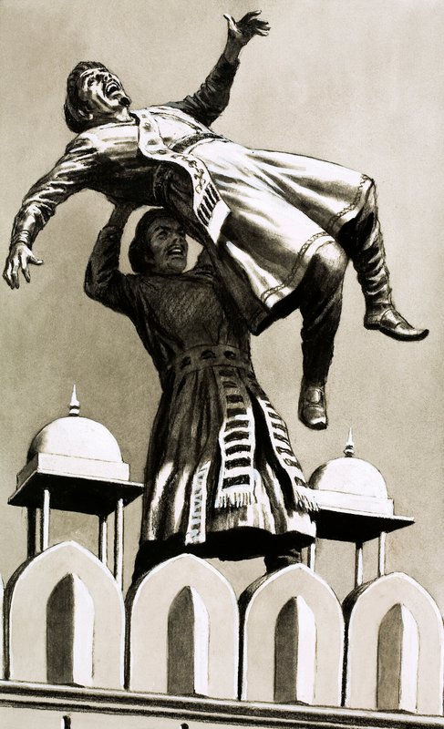 أكبر ، ملك هندوستان ، ألقى القاتل أدهم خان من أعلى القصر (الغواش على الورق) بواسطة مدرسة اللغة الإنجليزية