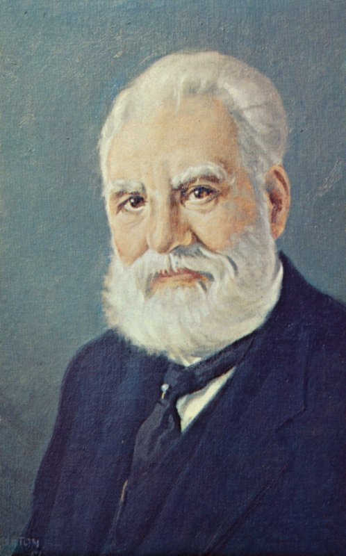 ألكسندر غراهام بيل (1847-1922)، عالم ومخترع اسكتلندي (طباعة حجرية ملونة) بواسطة مدرسة اللغة الإنجليزية